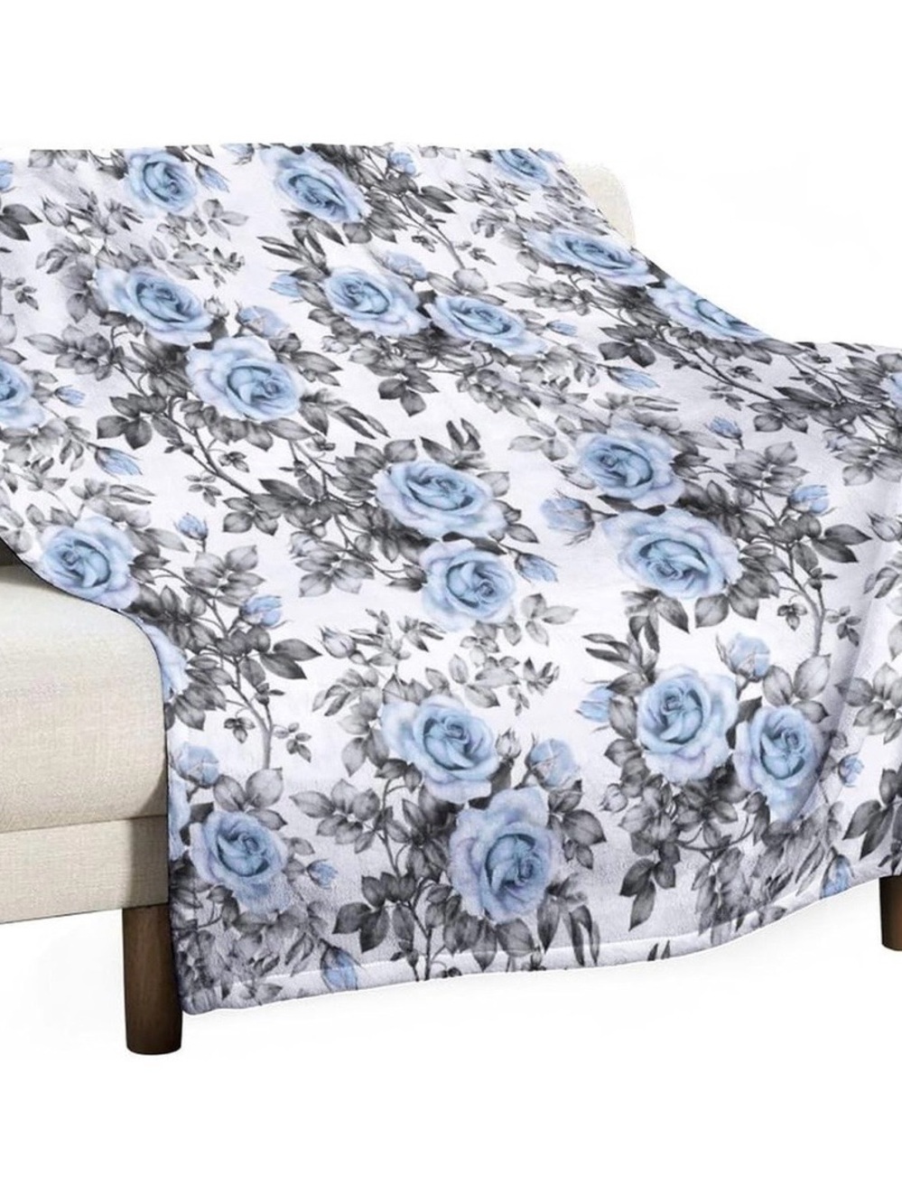 Flowers Blanket Blue Rose Floral Gray Leaves Natural Plants Modern 50x60inch